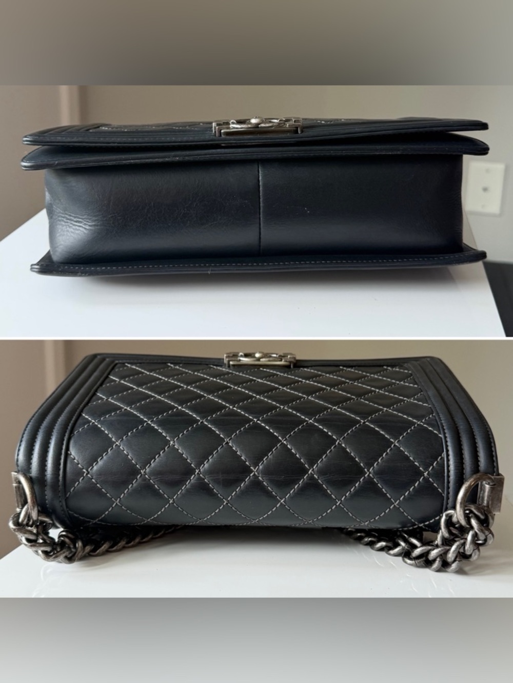 Chanel Boy Bag Dark Gray Contrast Stitch Quilted Leather Ruthenium HW Old Medium - Picture 6 of 16